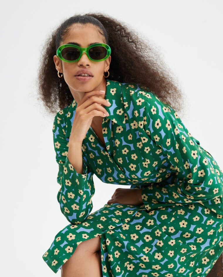 Midi Πράσινο Πουκάμισο Φόρεμα Με Print Λουλούδια Compania Fantastica