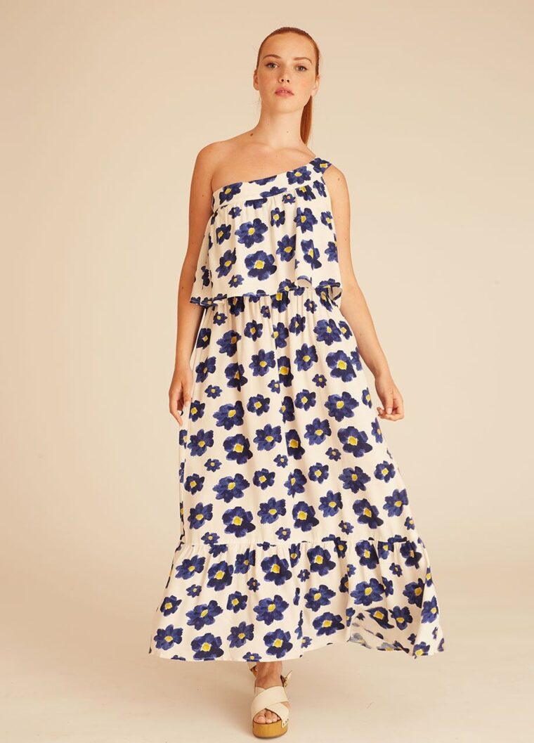 Maxi Μπλε Φόρεμα Με Λουλούδια Pepaloves