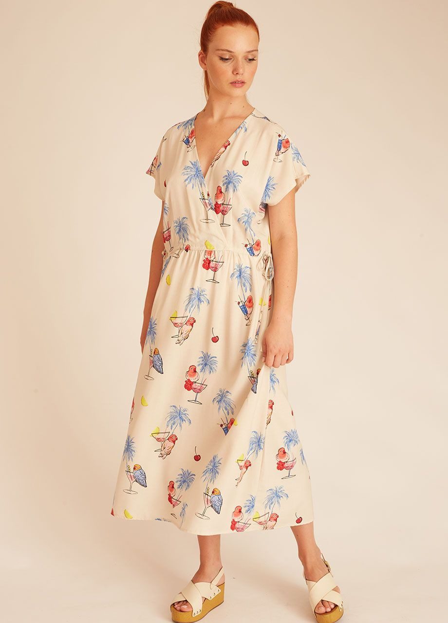 Κοντομανικο Midi Φόρεμα Με Σχέδιο Coctail Και Παπαγάλους Pepaloves