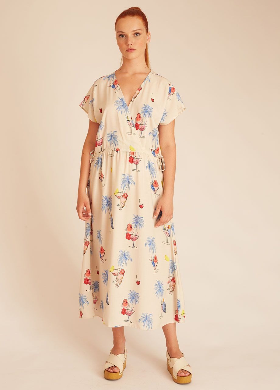 Κοντομανικο Midi Φόρεμα Με Σχέδιο Coctail Και Παπαγάλους Pepaloves