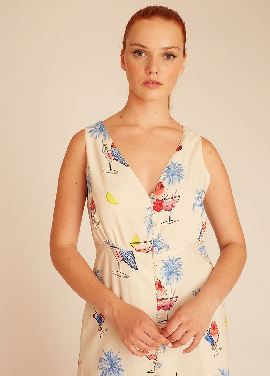 Αμάνικο Midi Φόρεμα Με Σχέδιο Coctail Και Παπαγάλους Pepaloves