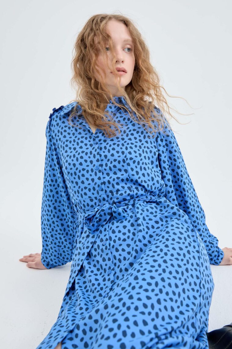 Midi Μπλε Πουκάμισο Φόρεμα Με Πουά Print Compania Fantastica
