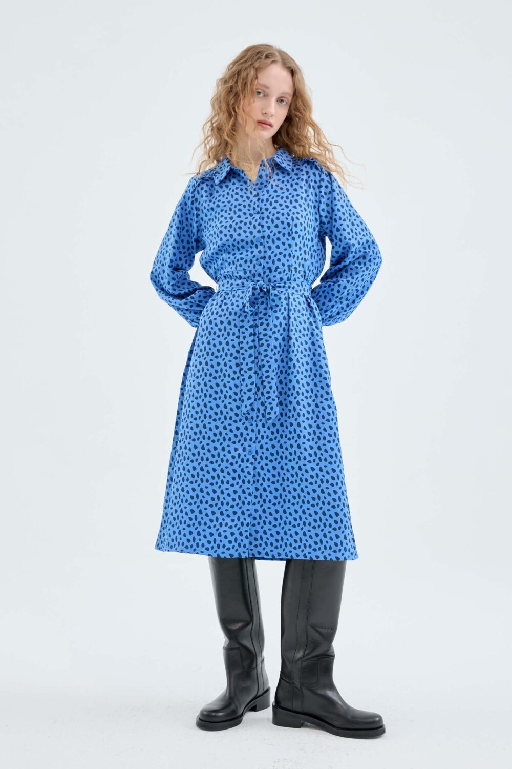 Midi Μπλε Πουκάμισο Φόρεμα Με Πουά Print Compania Fantastica