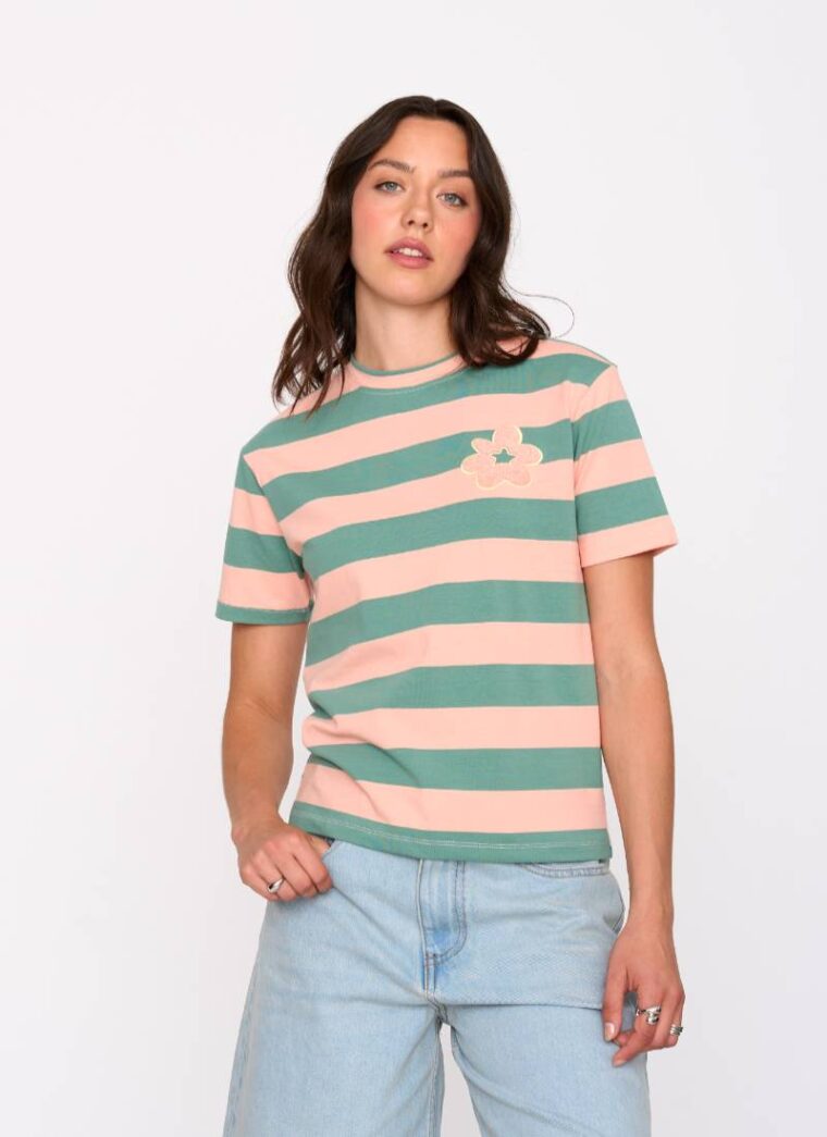 Βαμβακερό Μέντα Ροδακινί T-shirt Με Πλεκτό Λουλούδι 24 Colours