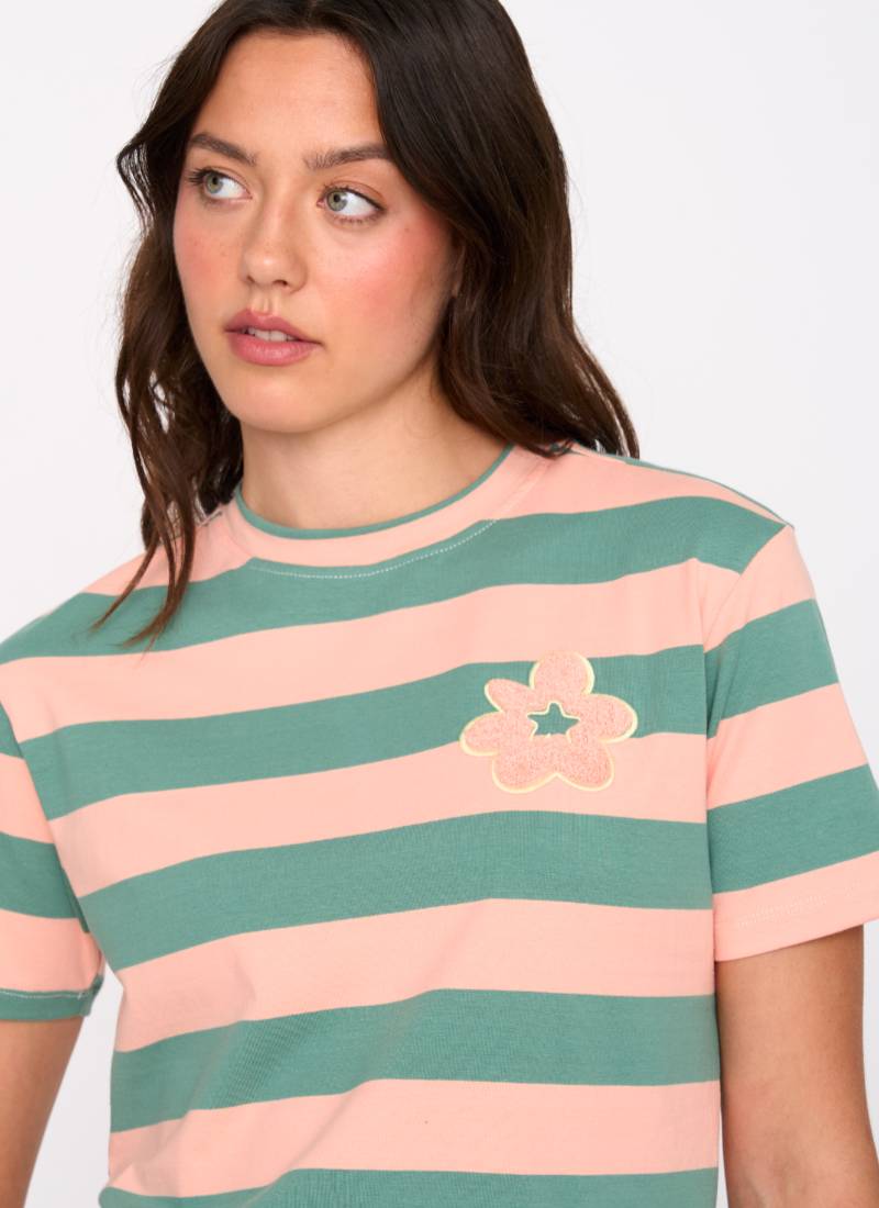 Βαμβακερό Μέντα Ροδακινί T-shirt Με Πλεκτό Λουλούδι 24 Colours