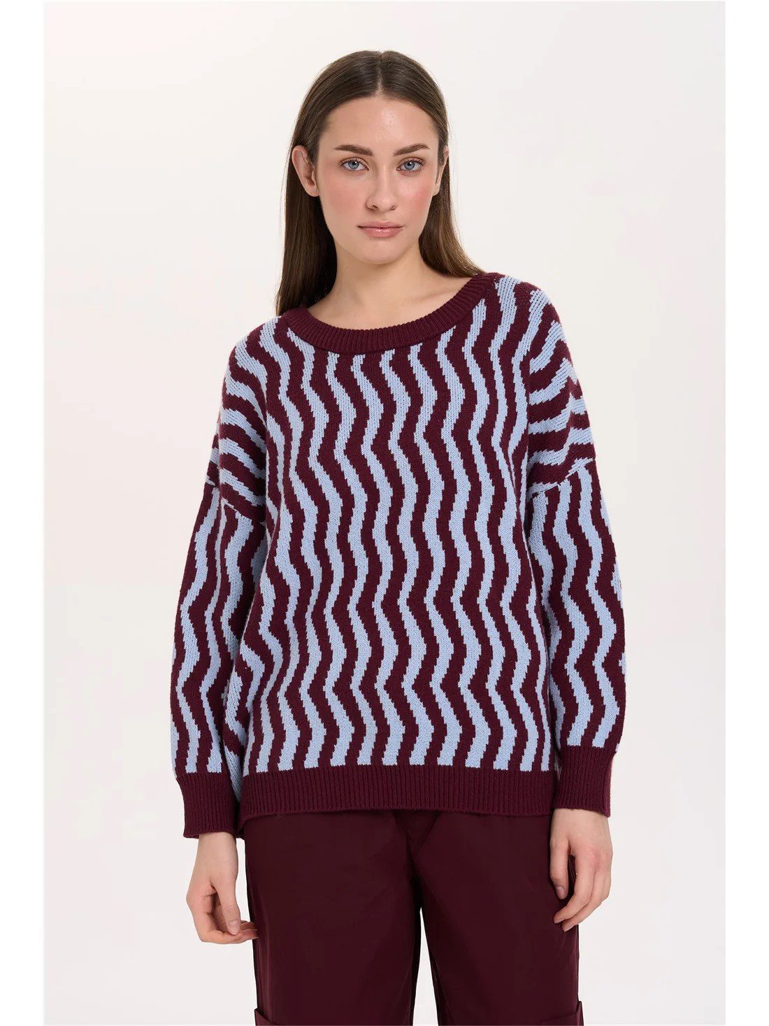 Oversized Πουλόβερ Με Μπορντό Γαλάζιες Γραμμές 24 Colours