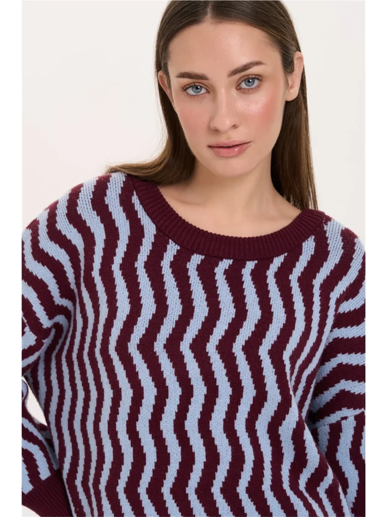 Oversized Πουλόβερ Με Μπορντό Γαλάζιες Γραμμές 24 Colours