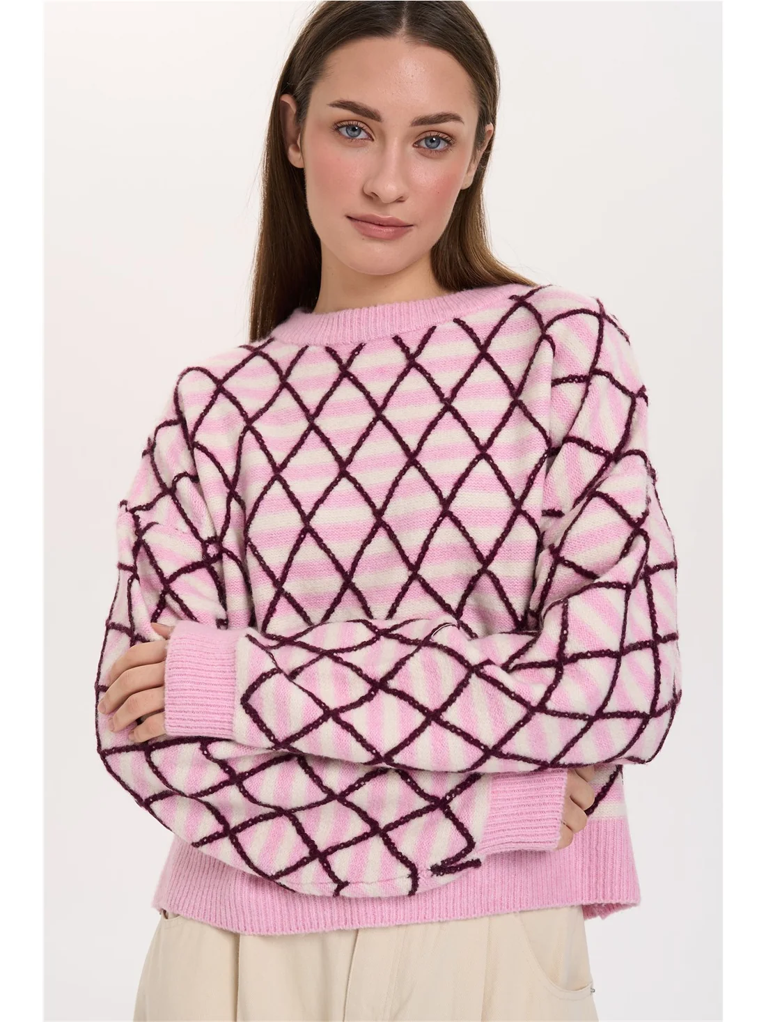Ροζ Oversized Πουλόβερ Με Μπορντό Λεπτομέρειες 24 Colours