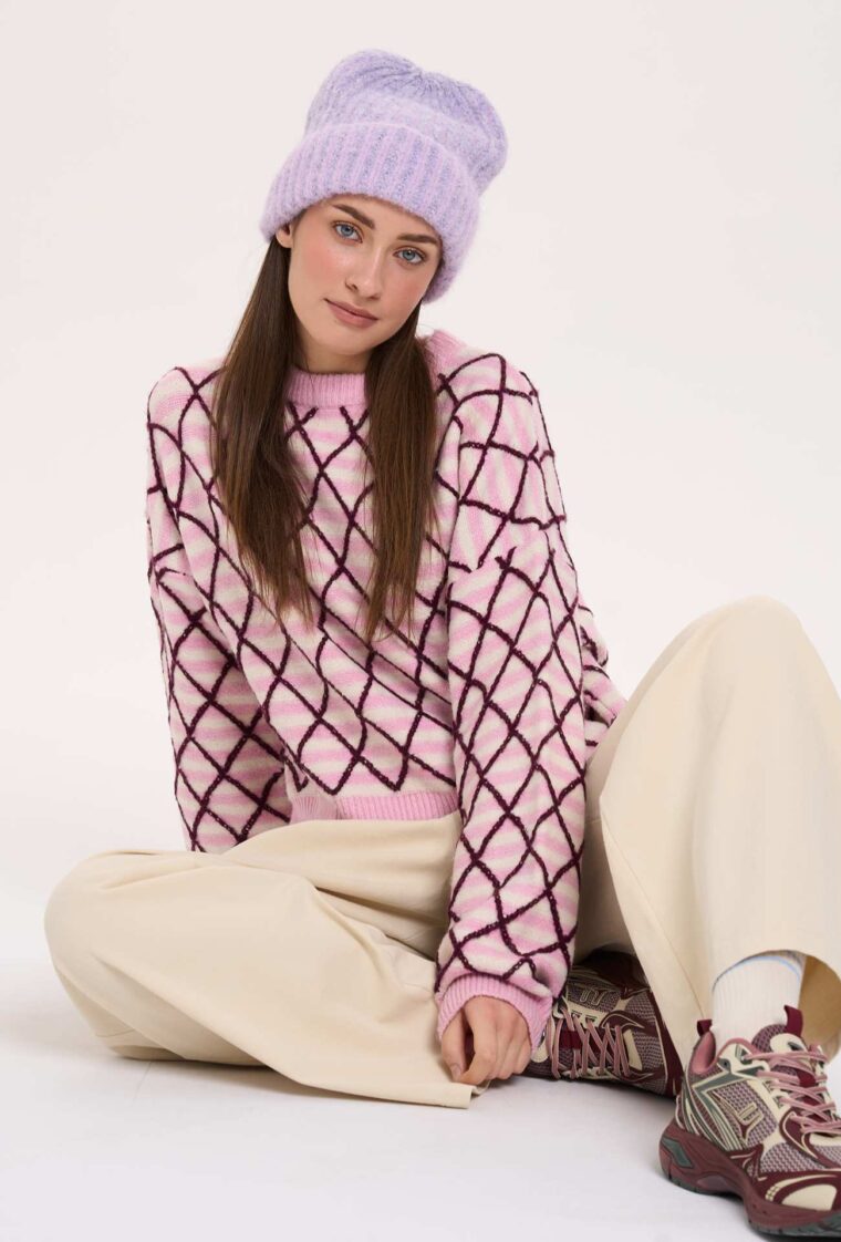 Ροζ Oversized Πουλόβερ Με Μπορντό Λεπτομέρειες 24 Colours Ροζ Oversized Πουλόβερ Με Μπορντό Λεπτομέρειες 24 Colours